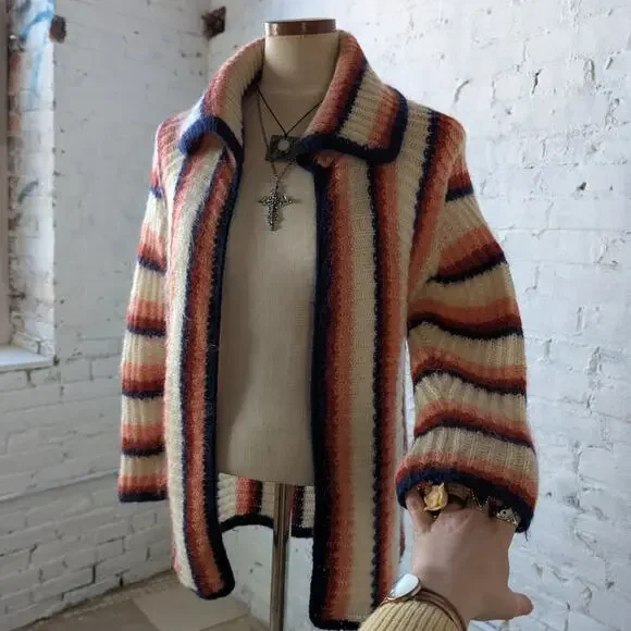 70s Vintage Knit Striped Sweater Stripes Wool Cardigan Earthy Cottage Top Medium - Picture 4 of 6